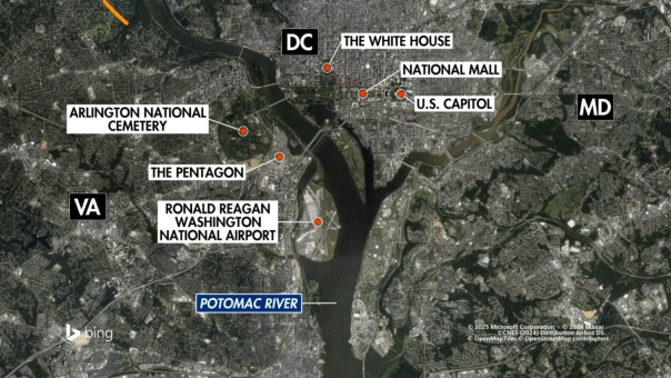 Map shows flight paths of American Airlines flight, Army Black Hawk helicopter